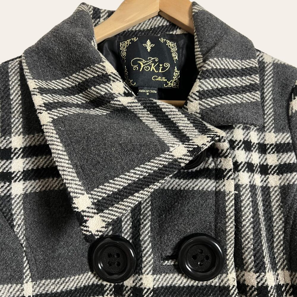 YOKI Collection Black Plaid A-Line Double Breasted Pea Coat Size M - Picture 2 of 8